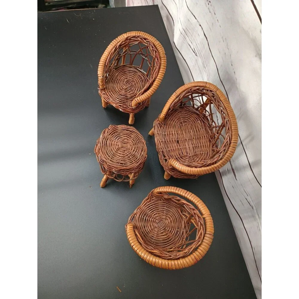 Vintage Miniature Doll 4-Pc Wicker Furniture Set Sofa + 2 Chairs & Table Handmad